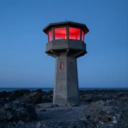 an old concrete guernsey observation tower in an rocky alien beach with red light coming from inside, blue hour