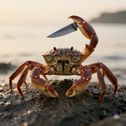 crab holding a knife in its claw. nature photography, golden hour