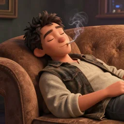 lofi man sleeping on the couch with a cigarette in his mouth, Pixar style by Tristan Eaton Stanley Artgerm and Tom Bagshaw, high detail