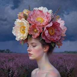closeup, giant flowers as head mohawk, woman in a heather field, surreal photography, starlight, storm clouds, impressionist painting, digital painting, artstation, simon stalenhag