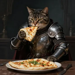 a cat eating lahmacun wearing medieval suit of armor, illustration, concept art, art by wlop, dark, moody, dramatic