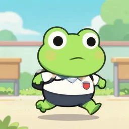 cute frog running late for school, in the style of evangelion, cute