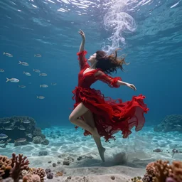 manshaped swirling smoke beside woman dancing underwater wearing a flowing red dress made of seaweed, beautiful sand and coral sea bottom, thousands of tiny silver fish in the background, octane render, caustics lighting from above, cinematic