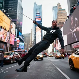 a picture of agent 4 7 swinging in nyc times square, photorealistic