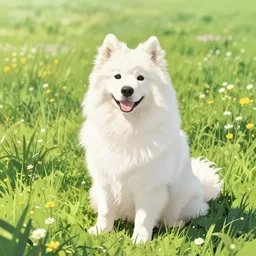 a samoyed dog sitting in the middle of sunny meadow, trending on artstation, by makoto shinkai