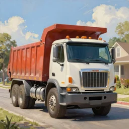 classic oil painting, character portrait of a dump truck adventurer, rule of thirds, sunny suburban street, skycore, highly detailed, digital illustration, concept art, smooth, sharp focus, art by greg hildebrandt, and tim hildebrandt