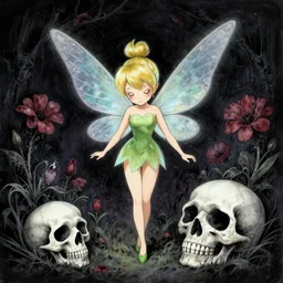 tinker bell, horror, skull, flowers, scary, drawn by Harumi Hironaka