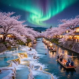 floating markets of times square river in kyoto kamo river of kyoto during sakura season on thermal waters flowing down white travertine terraces during interstellar aurora borealis, gold waterfalls, vendors, festivals, fun, by peter mohrbacher, james jean, james gilleard, greg rutkowski, vincent di fate, rule of thirds, octane render, beautiful landscape