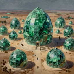 hyper detailed painting of giant green emerald domes, sprawling across majestic parched plains, by francisco goya and rembrandt, unsettling, mysterious, by stephan martiniere and alexander fedosav, hyperrealism, 8 k resolution, behance hd, artstation, nightcafe