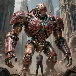 man fused with a gigantic machine, futuristic, gothic, sci-fi, meat machine, brutalism, hyperdetailed, Cinematic, Kinemacolor, Massive, Artstation, 8k