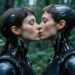 cinestill 5 0 d photographic portrait by helen levitt of a kiss between two loving female cyborgs wearing black techwear in a retrofuturist garden, extreme closeup, modern cyberpunk, moody, 8 k, hd, high resolution, 3 5 mm, f / 3 2, ultra realistic faces, intricate detail, ex machina