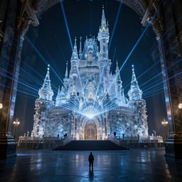 a crystal castle, vintage kodak, lasers all over the scene, strobe lights, winter, dark scenery, dark lighting, cinematic, cold freezing nights, laser lights, crybernetic, top floor boss shit, destroy lonely, black floor, lavish, luxurious, marble walls, cinematic, hyper realism, high detail, octane render, 8 k