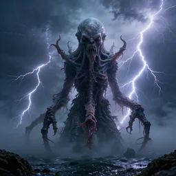 concept art of a slimy cthulhu emerging from the ocean, centered composition, thalassophobia, multiple illuminated lightning!!!, thunder!!!, lightning, sharp focus, ultra detailed, hyperrealism, volumetric, amazing depth, by jeremy mann, hr giger, unreal engine highly rendered, ominous, unsettling, misty, cinematic lighting, 8 k
