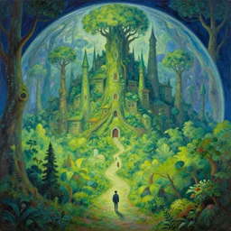 an elven tree city, strange and hauntingly beautiful, a verdant enchanted vibrant dreamscape protected by a magic barrier dome | introspective meandering fantasy endless path | gouache painting by max masnyy, jakub gazmercik, and mc escher, surrealism, trending on artstation