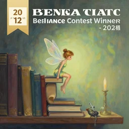 a painting of a tiny fairy flying sitting on a bookshelf, concept art by Kaja Foglio, behance contest winner, vanitas, official art, poster art, concept art
