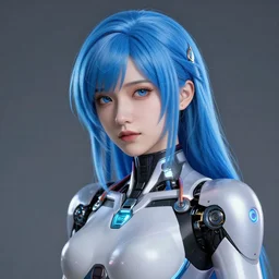 a beautiful woman with blue hair wearing robot suit with wires and light, highly detailed, photorealistic, artstation, smooth