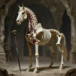 A spiked detailed horse skeleton with armored joints stands in a large cavernous throne room with halberd in hand. Massive shoulderplates. Extremely high details, realistic, fantasy art, masterpiece, bones, ripped flesh, art by Zdzisław Beksiński, Arthur Rackham, Dariusz Zawadzki, Harry Clarke