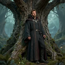 ryan reynolds wearing wizard robes leans against yggdrasil romance novel fantasy artwork epic detailed and intricate digital photo trending on artstation by wlop octane render