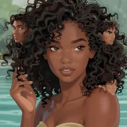 beautiful portrait of an dark-brown skinned river angel with curly hair, character design by charlie bowater, ross tran, artgerm, and makoto shinkai, highly detailed, soft lighting