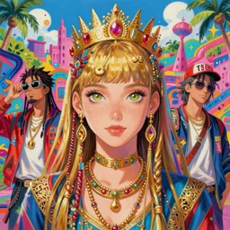 beautiful anime painting scene of sunny hiphop solarpunk royalty summertime chill, by dao le trong, daniela uhlig, craig mullins, craig davison. trending on artstation, 8 k, masterpiece, graffiti paint, fine detail, full of color, intricate detail, golden ratio illustration, attractive face