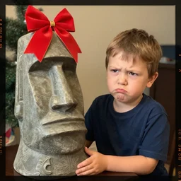 a kid with a pouty face looking very dissapointed that his christmas present was a large moai statue with a bow on it | iphone photograph