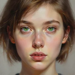 beautiful young woman, green eyes, short brown hair, thin gold wire, digital painting, extremely detailed, 4 k, intricate, brush strokes, mark arian, janusz jurek, johanna martine, artgerm, bastien lecouffe - deharme, peter mohrbacher