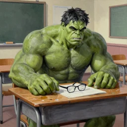 the hulk sitting at a desk in a high school classroom, glasses, oil on canvas, intricate, 8 k highly professionally detailed, hdr, cgsociety