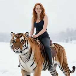 face portrait, muscled Emma Stone riding mounted on friendly large saber tooth tiger, snowy winter scene, Boris Vallejo, Donato Giancola, Mark Brooks, Ralph Horsley, Charlie Bowater, Artgerm, Christopher Balaskas, Bastien Lecouffe-Deharme