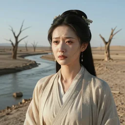 medium close-up of a crying ancient dried up Danu, peaceful, facing the camera and standing in front of a dried up river in a desolate land, dead trees, blue sky, hot and sunny, highly-detailed, elegant, dramatic lighting, artstation, 4k, cinematic landscape, photograph by Elisabeth Gadd