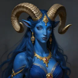a beautiful deep blue skinned woman, big ram horns, flowing dress, gold jewellery, dnd, face, fantasy, intricate, elegant, highly detailed, digital painting, artstation, concept art, smooth, sharp focus, illustration, art by artgerm and greg rutkowski and alphonse mucha