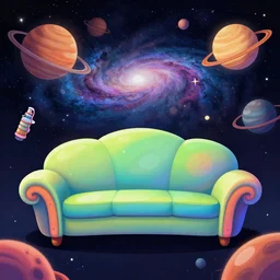 psychedelic trippy couch in space, planets, milky way, sofa, cartoon by rob gonsalves