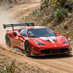 ferrari 458 rallycar sliding through a dirt road at high speed