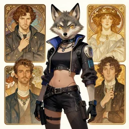 female anthropomorphic furry wolf character in cyberpunk clothes. Renowned character illustration by greg rutkowski, thomas kindkade, alphonse mucha, loish, norman rockwell. Trending on artstation.