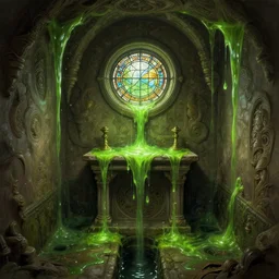 an altar in a puritan underground sewerage network, with a small round stained glass window, green glowing slime flowing down from the sewers on the walls, intricate, highly detailed, digital painting, artstation, concept art, cinematic lighting, illustration, by artgerm, greg rutkowski, alphonse mucha, cgsociety