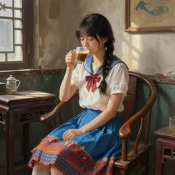 portrait painting of a girl wearing a skirt drinks coffee in a shabby chinese room by wenjun lin, irakli nadar, bright colors, octopath traveler, wenjun lin, unreal engine 5 highly rendered, global illumination, 9 radiant light, detailed and intricate environment