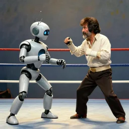 a man dressed as Bob Ross is fighting against a robot in a boxing ring by Claude Monet