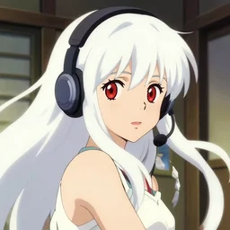 anime poster still portrait of a japanese young woman, large red eyes, long white hair, wearing a headset in her room interior, detailed facial features, dynamic pose, cute face by ilya kuvshinov, makoto shinkai takashi takeuchi studio ghibli, akihiko yoshida, 4 k