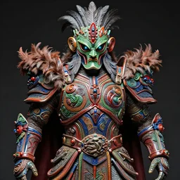 hyper ultra 4 k photo of a bizarre metal colorful armor warrior green red blue black glowing eyes mask made of ceramic clay feather trim intricately spectacular magnificently story carved by a master engraver by h. r. giger