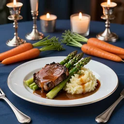 single plate with prime rib, asparagus, mashed potatoes and gravy, and steamed carrots with blue table cloth and lit candles in ornate silver candlesticks, ultra - realistic, photo realism, professional photograph, extreme detail, deep focus, laser sharp, volumetric lighting, atmospheric, luxury, elite