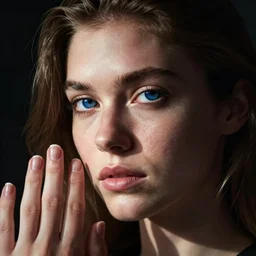 Kodak Portra 400, 8K, highly detailed, britt marling style 3/4 extreme closeup portrait of a extremely beautiful girl with dark blue eyes and light brown hair, four fingers maximum, high light on the left, non-illuminated backdrop, illuminated by a dramatic light, Low key lighting, light dark, High constrast, dramatic , nina masic ,Flora Borsi, dark background, high quality, photo-realistic, 8K