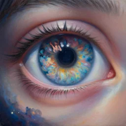 portrait of mystic giant eye intricate abstract, reflecting a sweet girl, au naturel, zoomed in, macro shot, galactic clouds reflections, singularity, event horizon, supermassive black hole, in the style of james christensen & gaston bussere. masterpiece. detailed painting.
