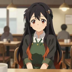 A portrait of Hitagi Senjougahara sitting alone in the cafe, 8k resolution, detailed