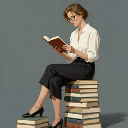 a woman with light brown hair and glasses sitting on top of a tall pile of books. she is reading. well composed, clean elegant painting, beautiful detailed face. comic book art by steve ditko and jack kirby and alphonse mucha