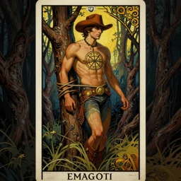 an art deco painting of a handsome shirtless cowboy tied to a tree with an eldritch symbol painted on him | background is dark twisted woods | tarot! card, art deco, art nouveau | by Mark Maggiori | trending on artstation
