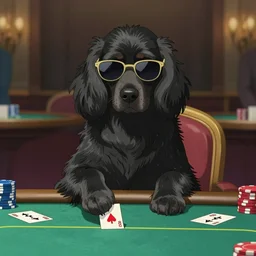 a black cocker spaniel wearing sunglasses playing poker, by makoto shinkai, greg rutkowski, artstation, high detailed, cgsociety,