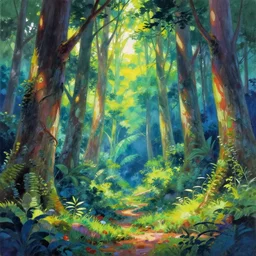 a detailed painting in the style of anime of a colorful forest