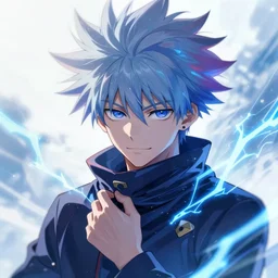 killua zoldyck made by zdzisław beksinski, thunderstorm, lighting, blue, pose, 8 k, detailed, high quality, 8 k, detailed face, spiky hair, light