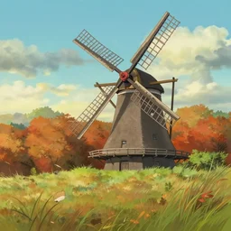 very very beautiful countryside background with a windmill by studio ghibli, cute, autumn