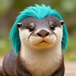 portrait of a gray otter with turquoise anime hair and orange nose in the style of zootopia. volumetric lighting, subsurface scattering, hyperrealistic, render, hyperdetailed