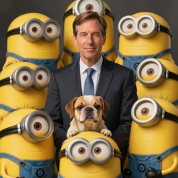 portrait of pete buttigieg as gru, surrounded my minions